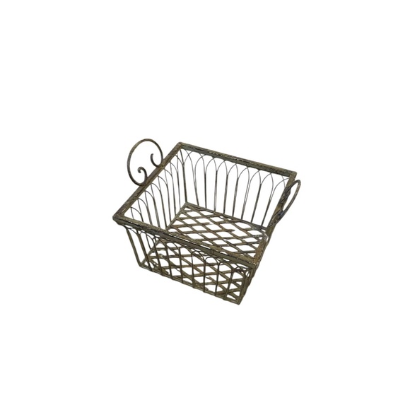 Vintage Wrought Iron Square Ornate Handles Basket Sage Green, Set Of 2 - Picture 6 of 13